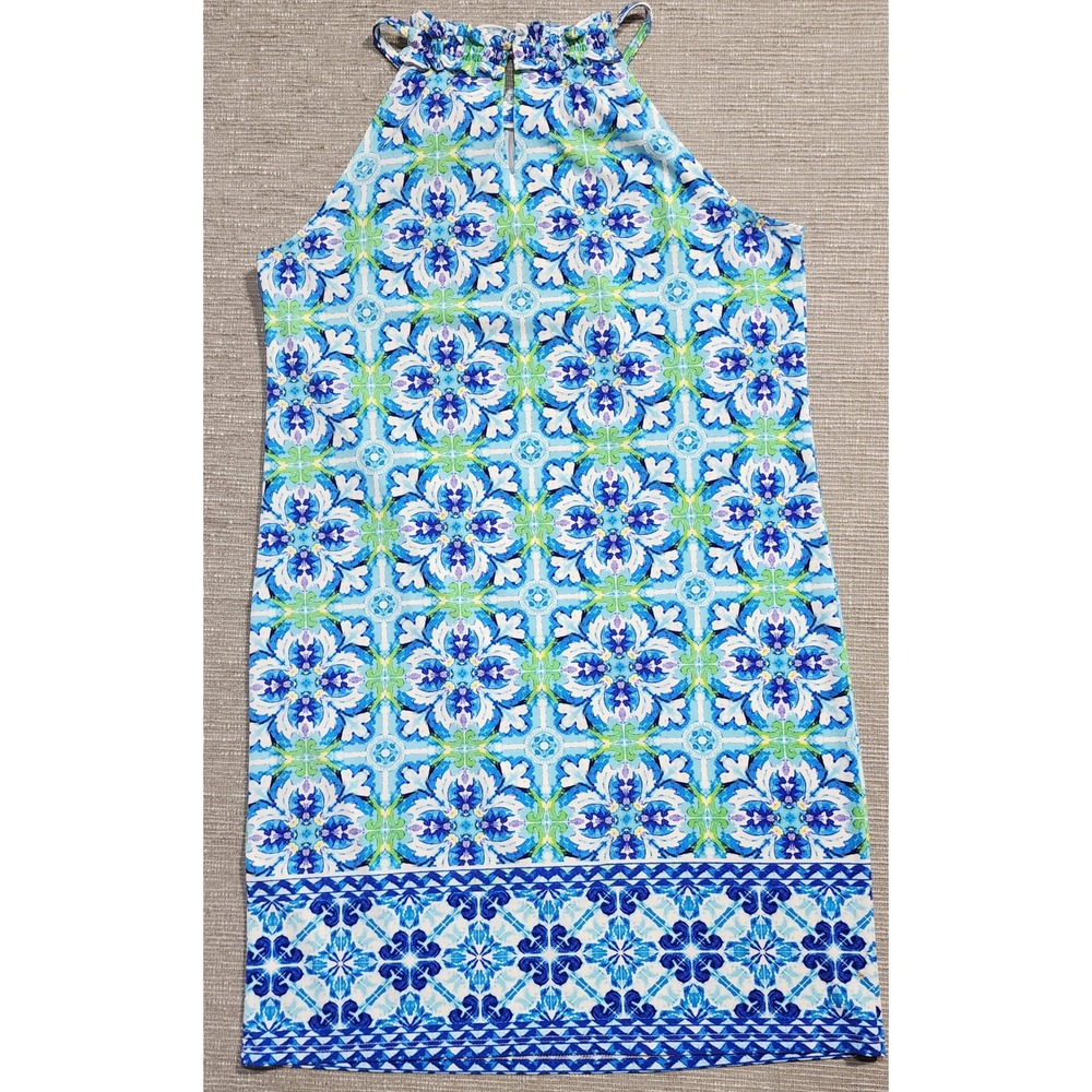 London Times Blue Green Tile Print Ruffle Halter Shift Dress Womens Size 6 - Picture 9 of 11